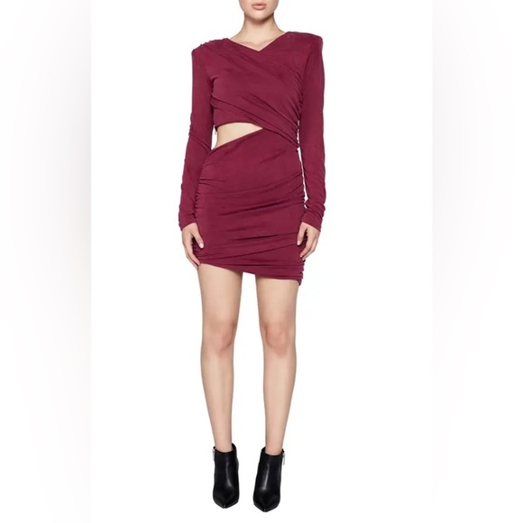 Bardot Rosa Ruched Cutout Long Sleeve Minidress In Burgundy Size Large NEW - Picture 1 of 11